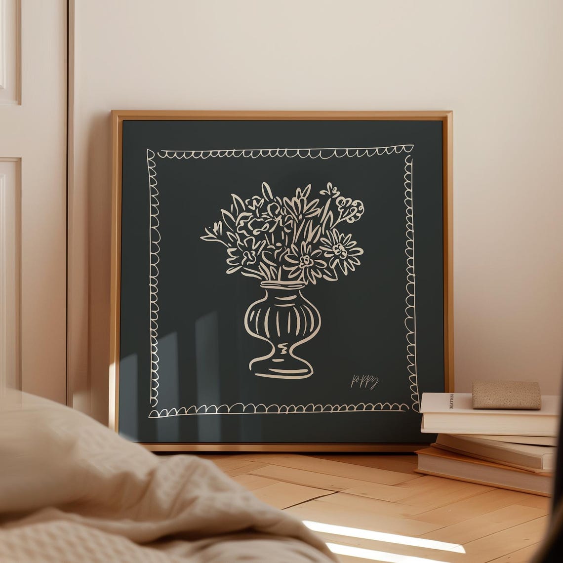 Black Background Cream Line Bouquet Vase Scalloped Border Art Poster