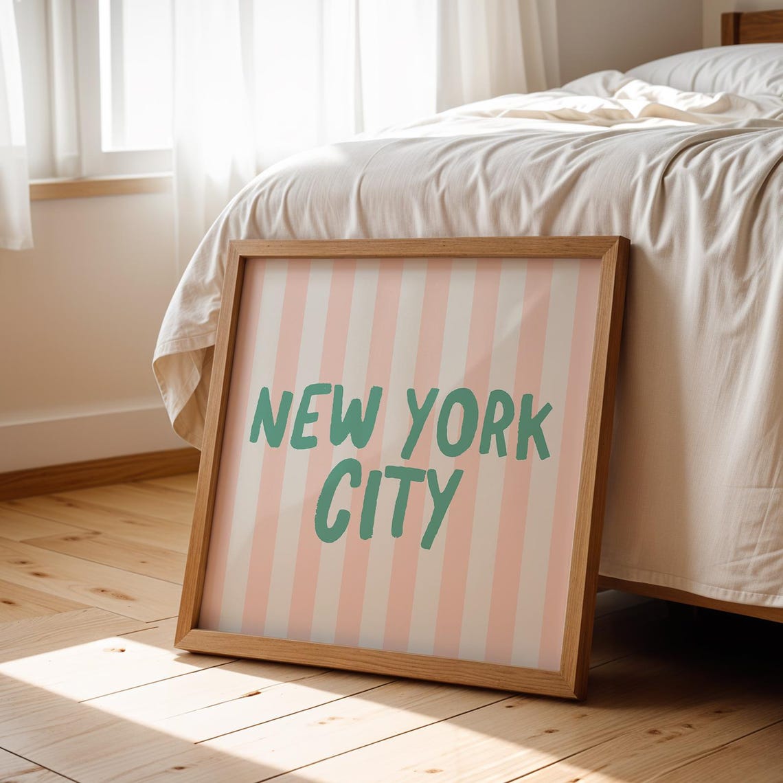 New York City Green Hand Lettered Pink Striped Square Travel Poster - Image 3