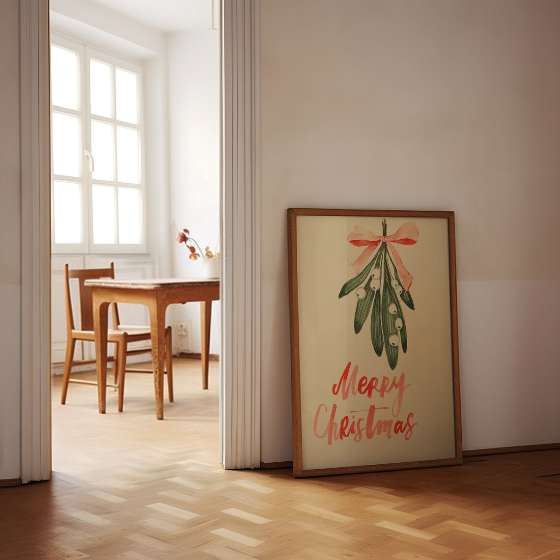 Watercolor Mistletoe Poster with Pink Bow and Merry Christmas - Image 2