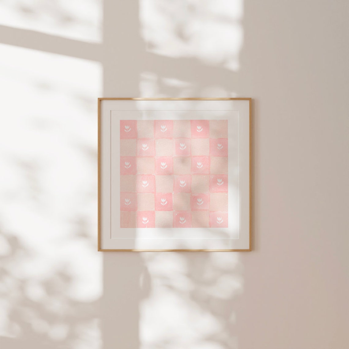Pink Watercolor Gingham Check with White Tulips Square Floral Poster - Image 2