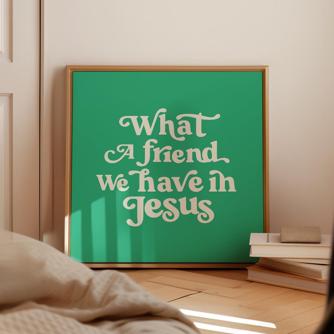 What a Friend We Have in Jesus Cream Retro Script on Green Poster