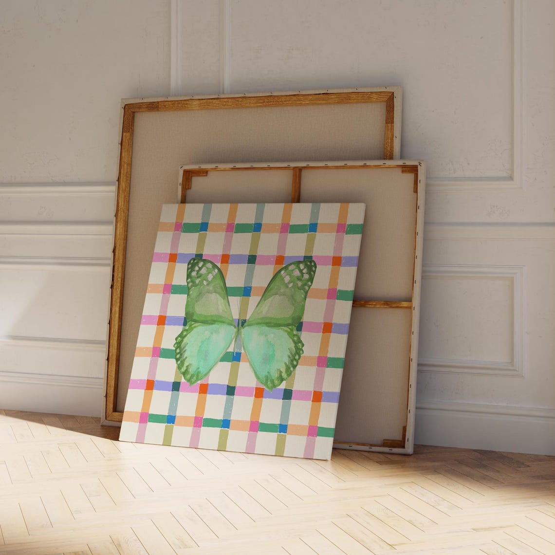 Emerald Green Butterfly Watercolor on Colorful Checkered Square Poster - Image 4