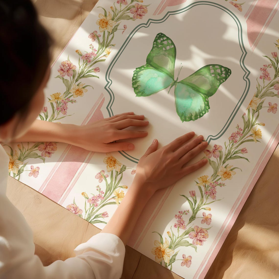 Green Butterfly Floral Striped Vintage Botanical Nursery Wall Poster