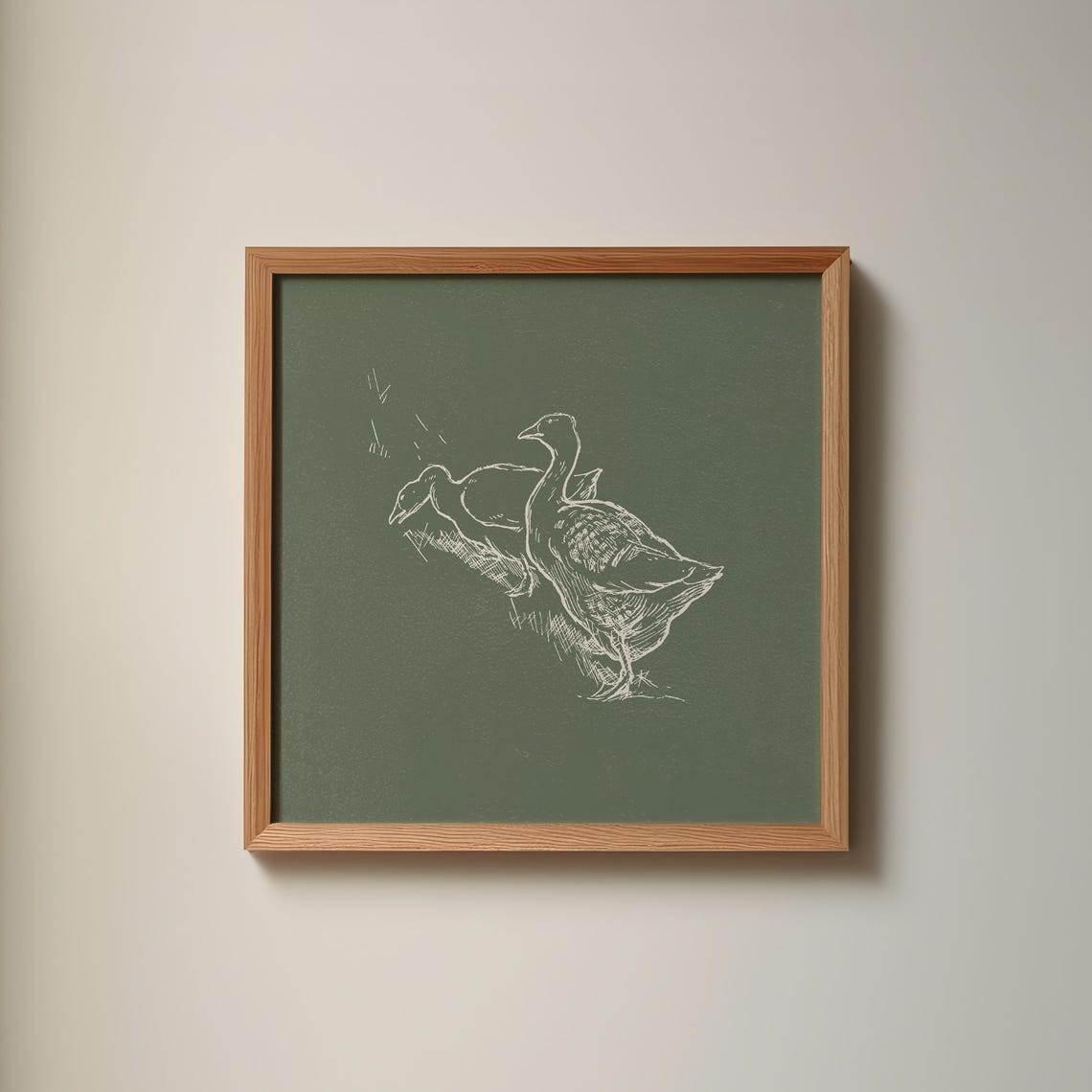 Farm Ducks Line Sketch Olive Green Minimalist Square Wall Art