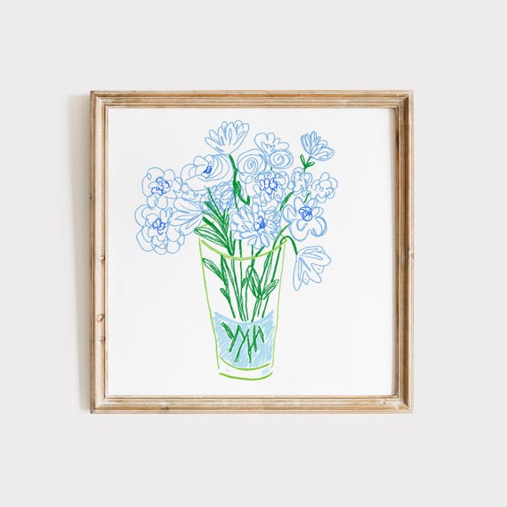 Blue Bouquet Doodle, Minimalist Floral Art Print
