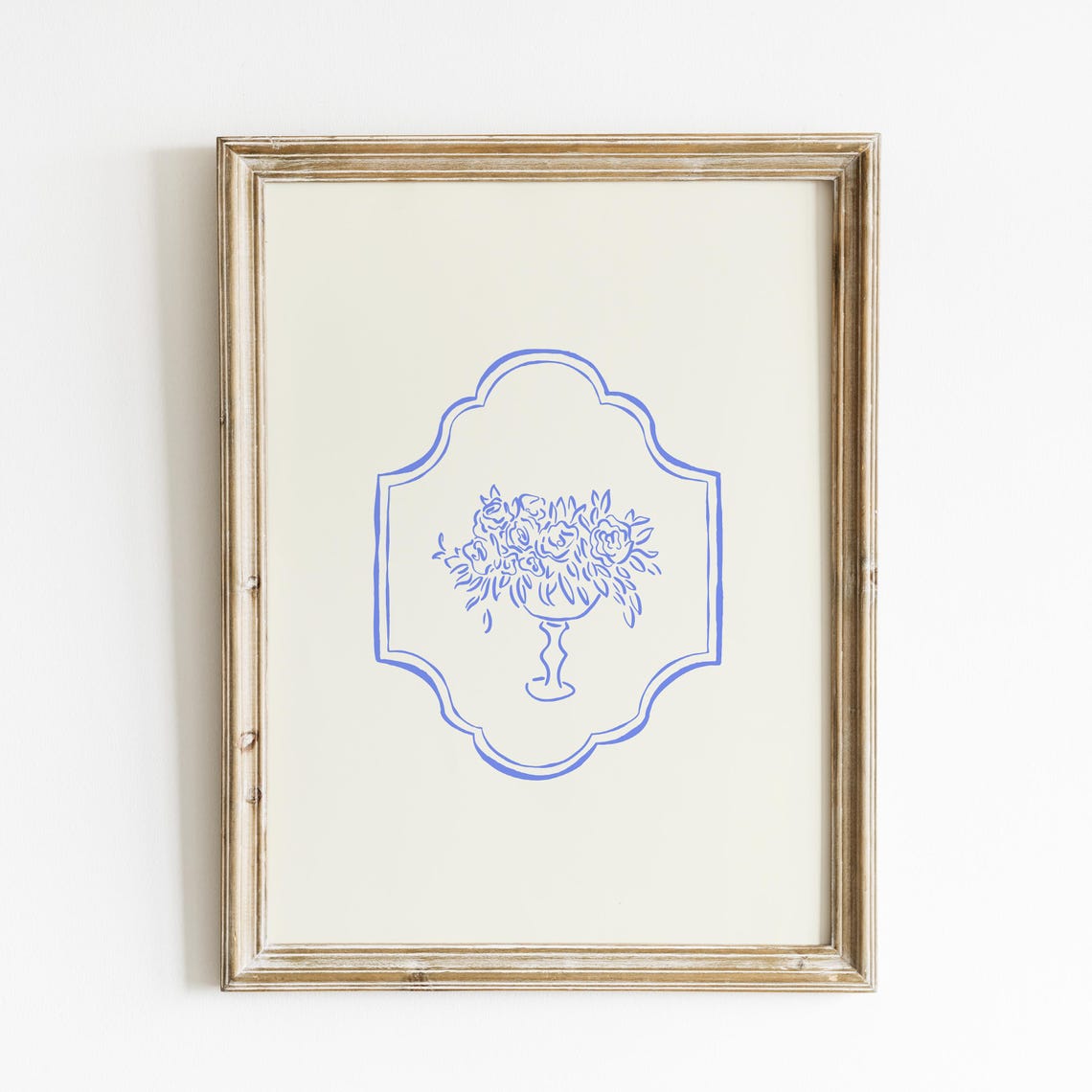 Blue Floral Urn Crest Line Art Cream Minimal Botanical Wall Poster