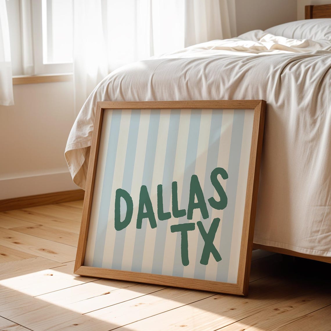 Dallas TX Dark Green Letters Blue Striped City Name Square Wall Art - Image 3