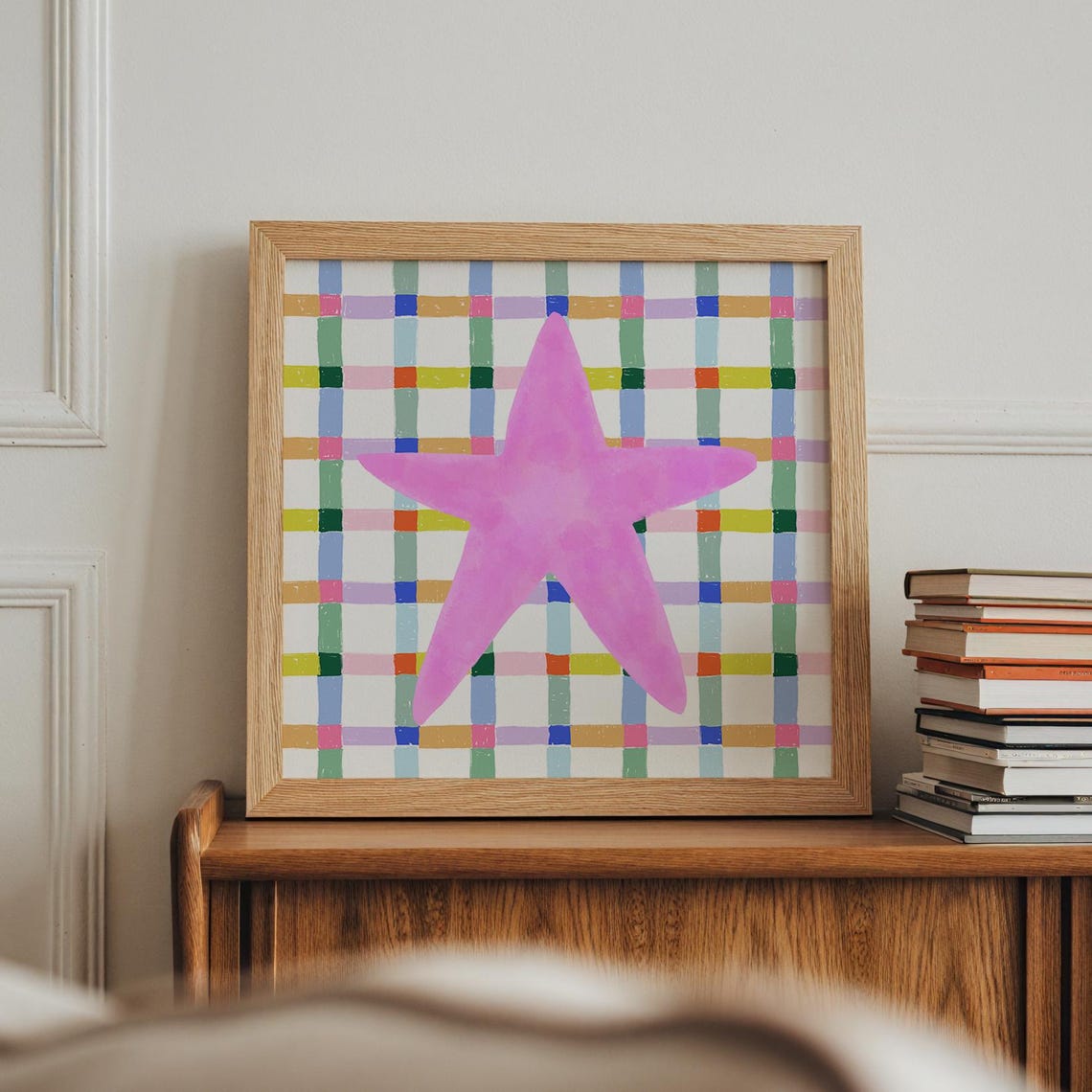 Pink Watercolor Star Colorful Check Plaid Kids Room Square Wall Art - Image 4