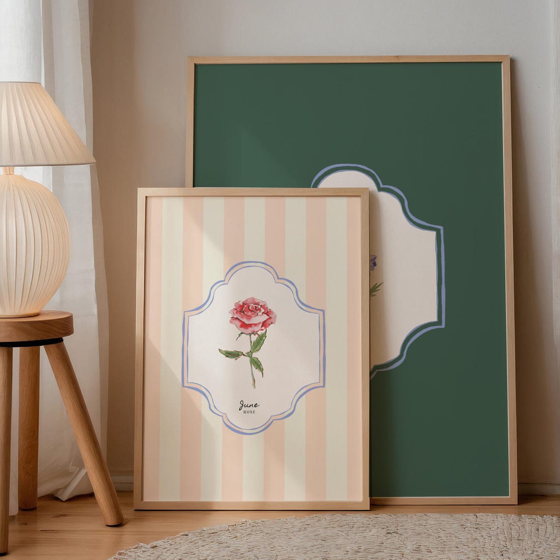 June Rose Birth Flower Peach Striped Botanical Wall Art Print - Image 2