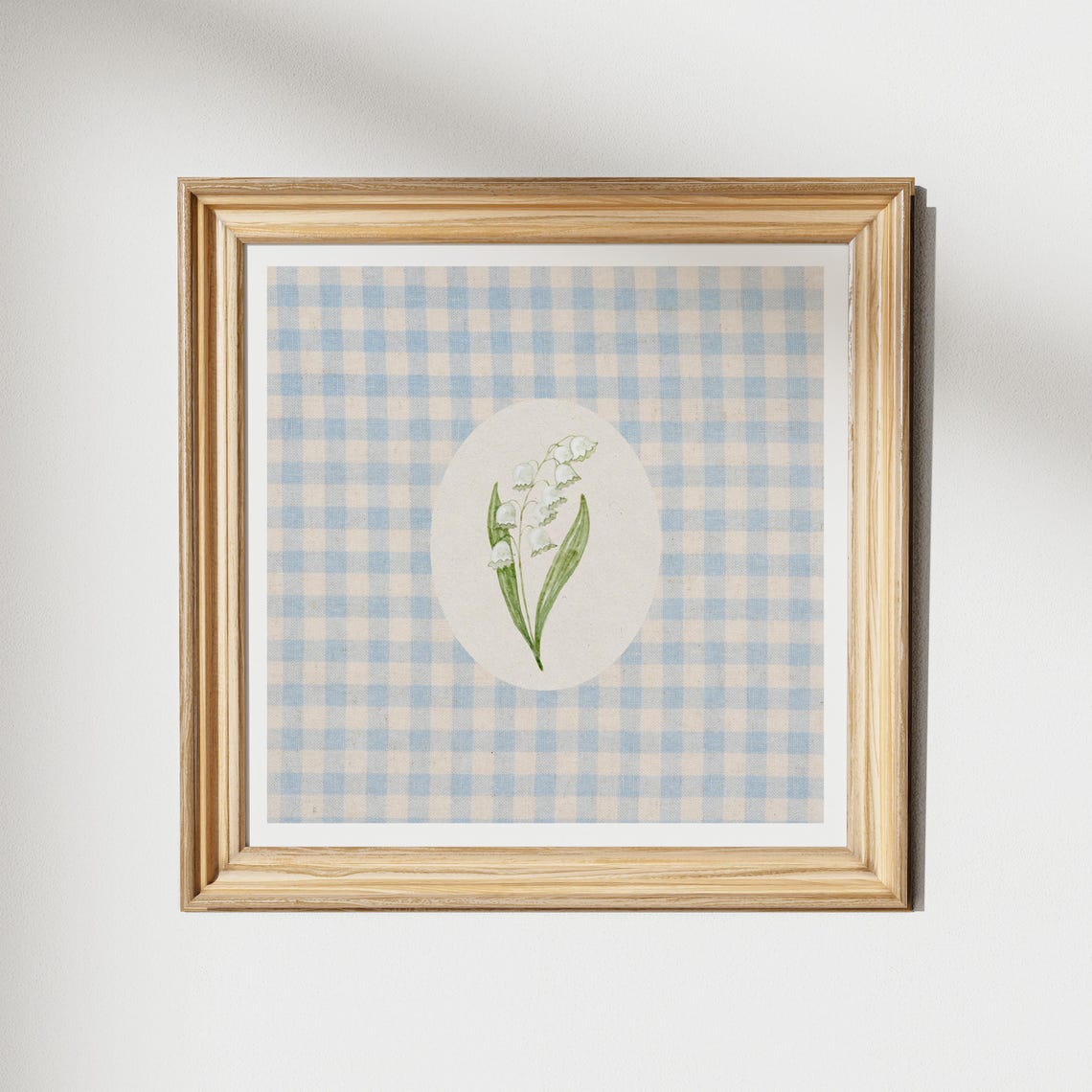 Vintage Gingham Lily Of The Valley Print Wall Art Kitchen Living Room Art Blue Thin Line Print Nursery Square Art