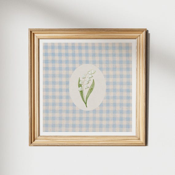Vintage Gingham Lily Of The Valley Print Wall Art Kitchen Living Room Art Blue Thin Line Print Nursery Square Art