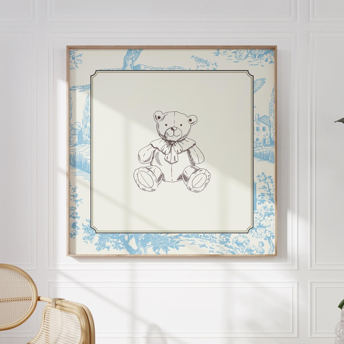 Vintage Blue Toile Teddy Bear Sketch Cute Cottage Nursery Wall Art Print - Image 4
