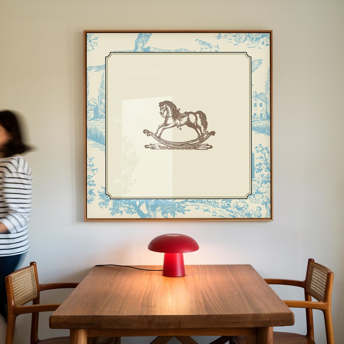 Vintage Blue Toile Rocking Horse Art Print - Image 3