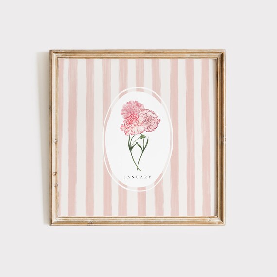 January Pink Carnation Duo Bloom Birth Month Flower Watercolor Gift Poster