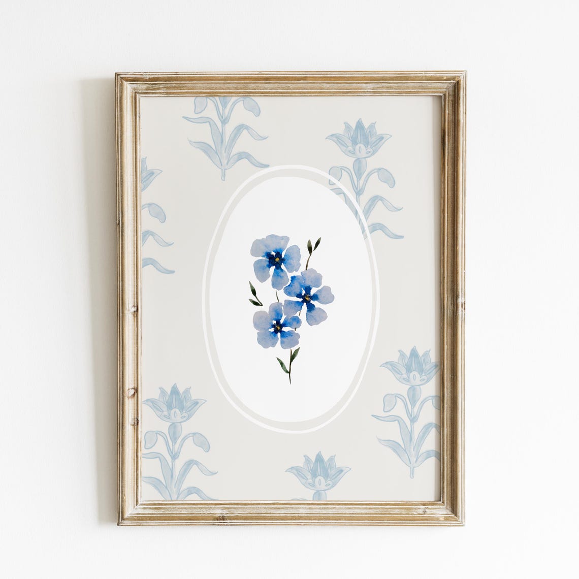 Blue Floral Watercolor Poster with Oval Botanical Blossom Design