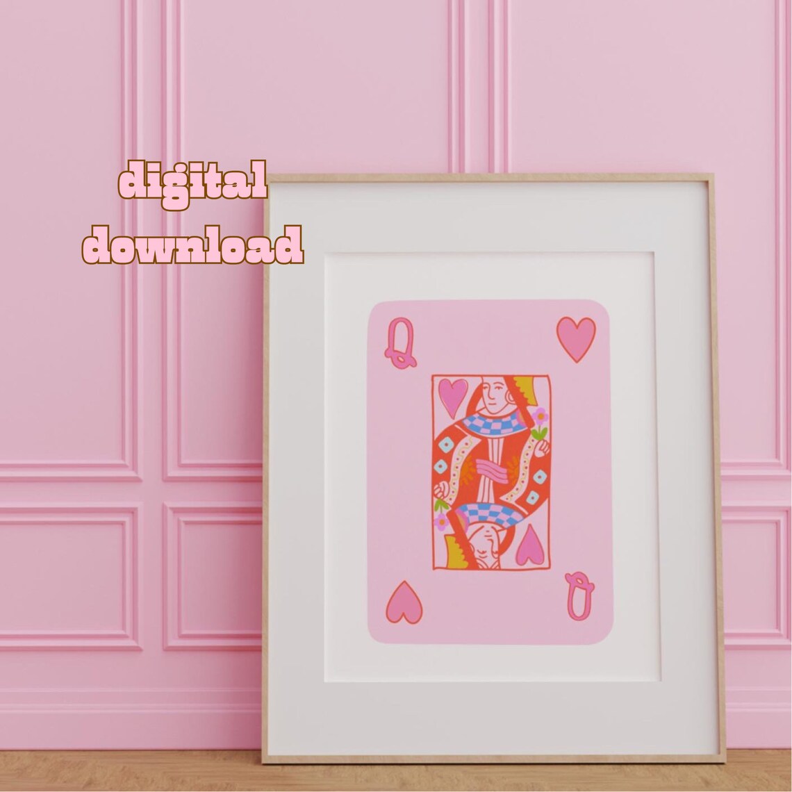 Pink Queen of Hearts Playing Card Hand Drawn Illustration Art Print - Image 2