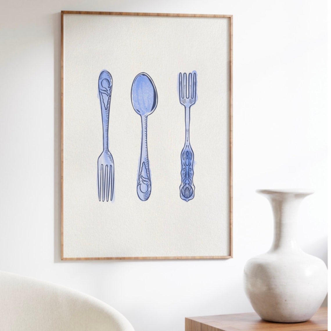 Blue Fork and Spoon Kitchen Poster with Minimal Line Illustration - Image 2