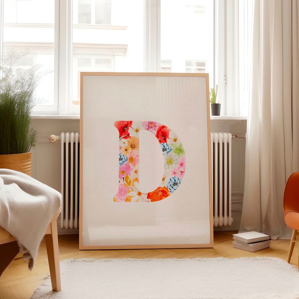 Delicate Floral Letter D Watercolor Monogram Nursery Art Poster - Image 2