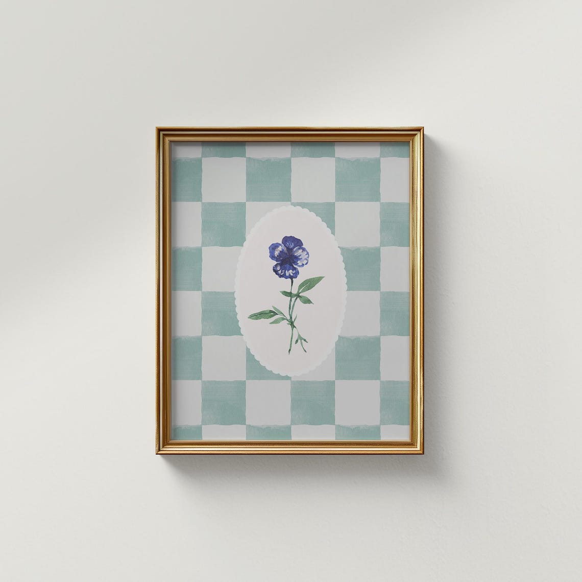 Blue Checkered Pansy Poster with Mint Gingham and Oval Medallion - Image 2