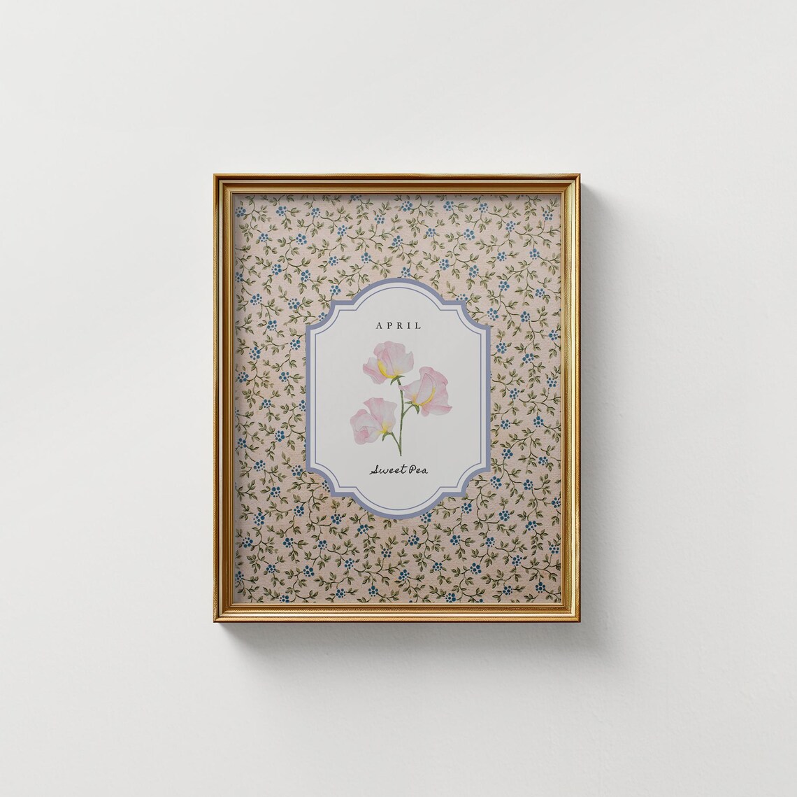 April Sweet Pea Birth Flower Poster on Pink Ditsy Floral Ground