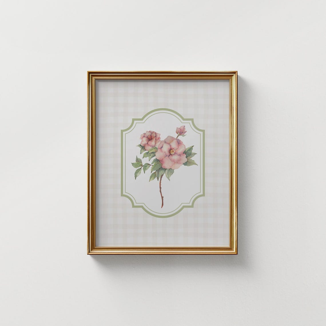 Pink Wild Rose Spray in Sage Cartouche Frame on Cream Gingham Poster - Image 2
