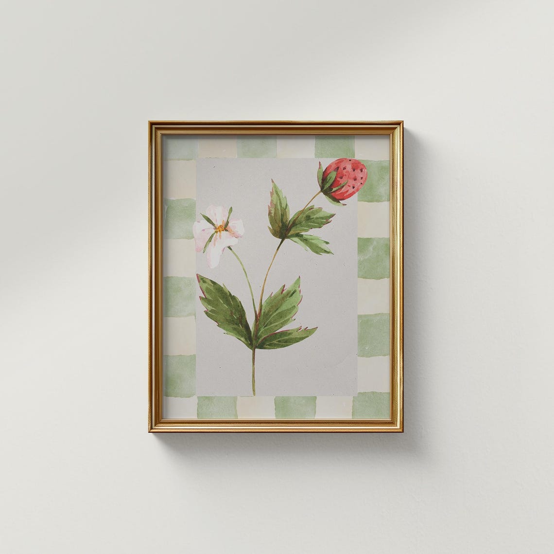 Strawberry Plant Botanical Blossom Checkerboard Watercolor Poster - Image 3