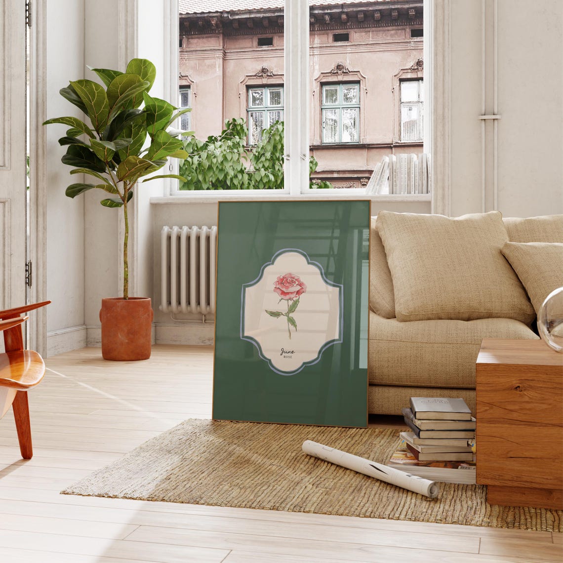 June Rose Birth Flower Deep Green Botanical Vintage Wall Art - Image 3