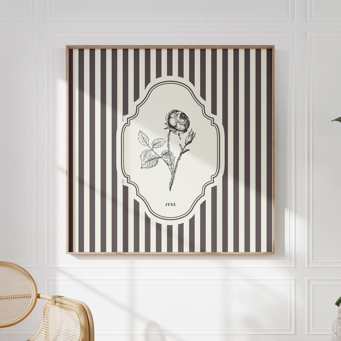 June Birth Month Rose Botanical Thin Line Art Striped Wall Print - Image 5