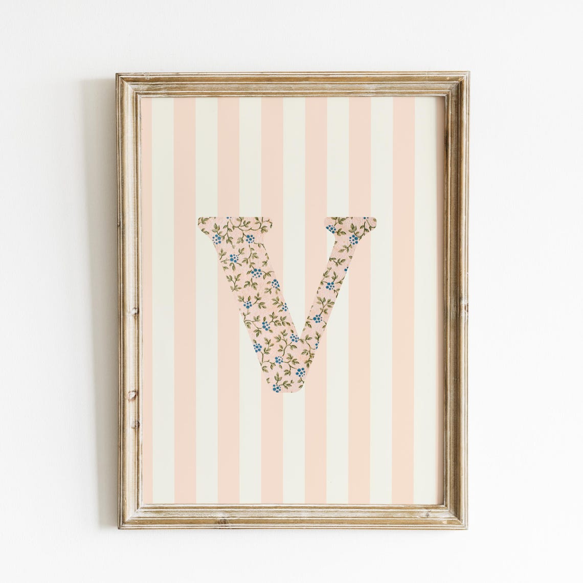 Letter V Floral Monogram Pink Striped Gold Frame Nursery Wall Art - Image 2