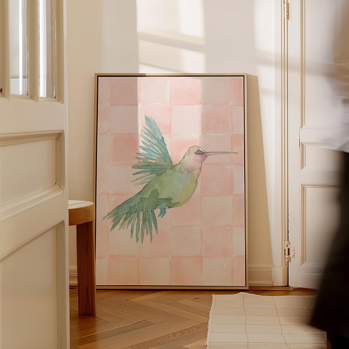 Green Hummingbird Watercolor Pink Checkerboard Nursery Wall Art Print