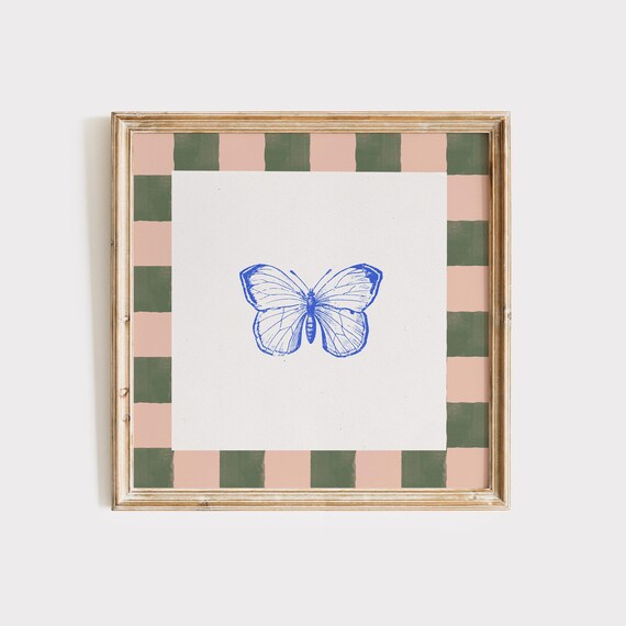 Blue Butterfly Line Art on Checkered Pink Green Border Poster