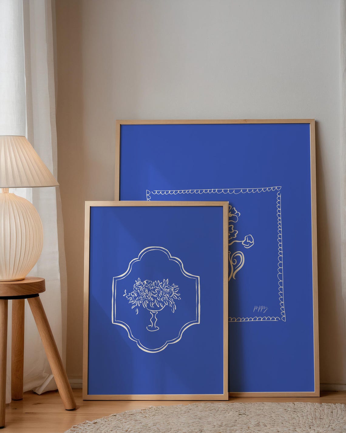 Cream Floral Urn Crest Line Art Cobalt Blue Bold Botanical Poster - Image 4