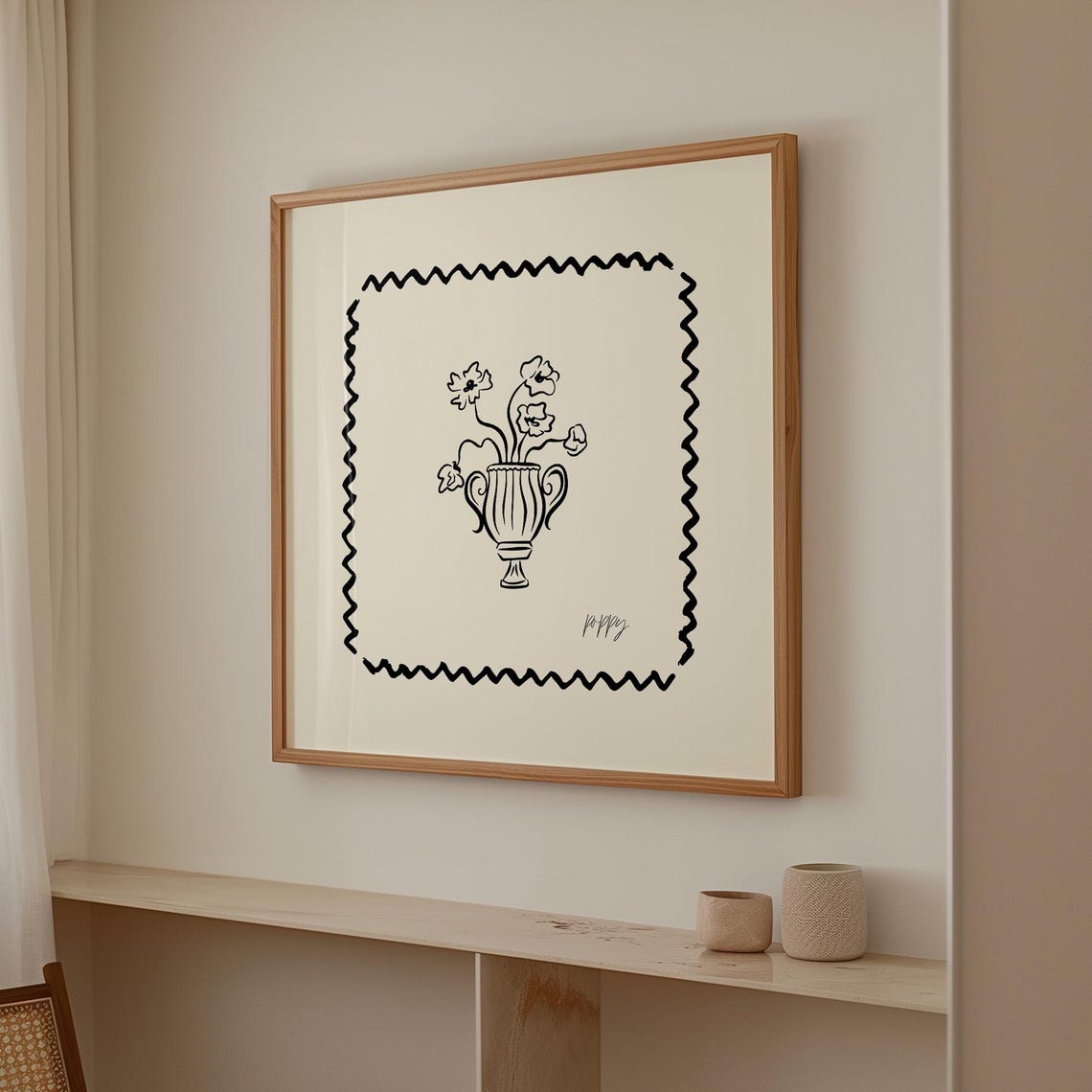 Black Line Art Poppies Urn Vase Zigzag Border Minimalist Wall Poster - Image 2