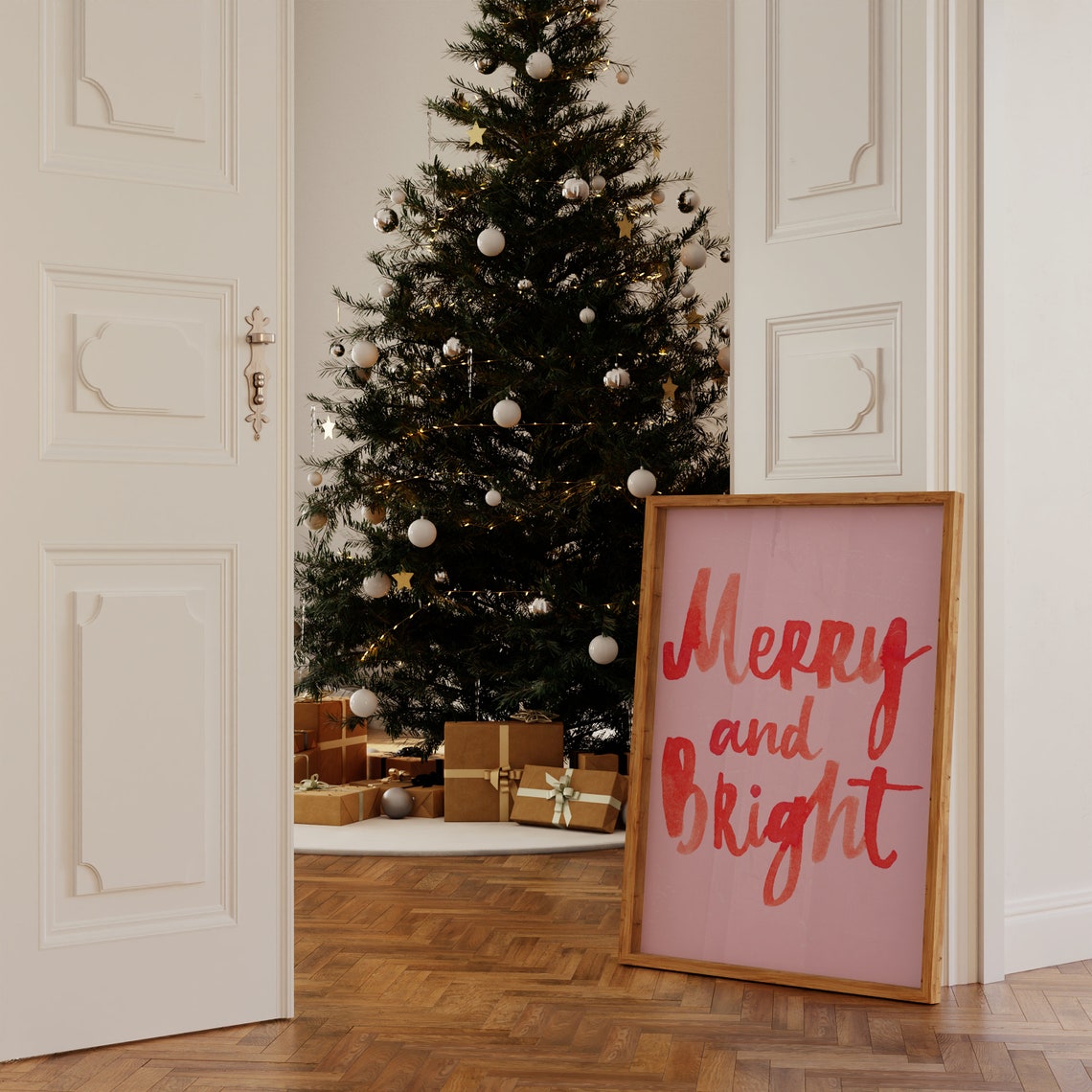 Merry and Bright Red Watercolor Christmas Holiday Script Poster - Image 2