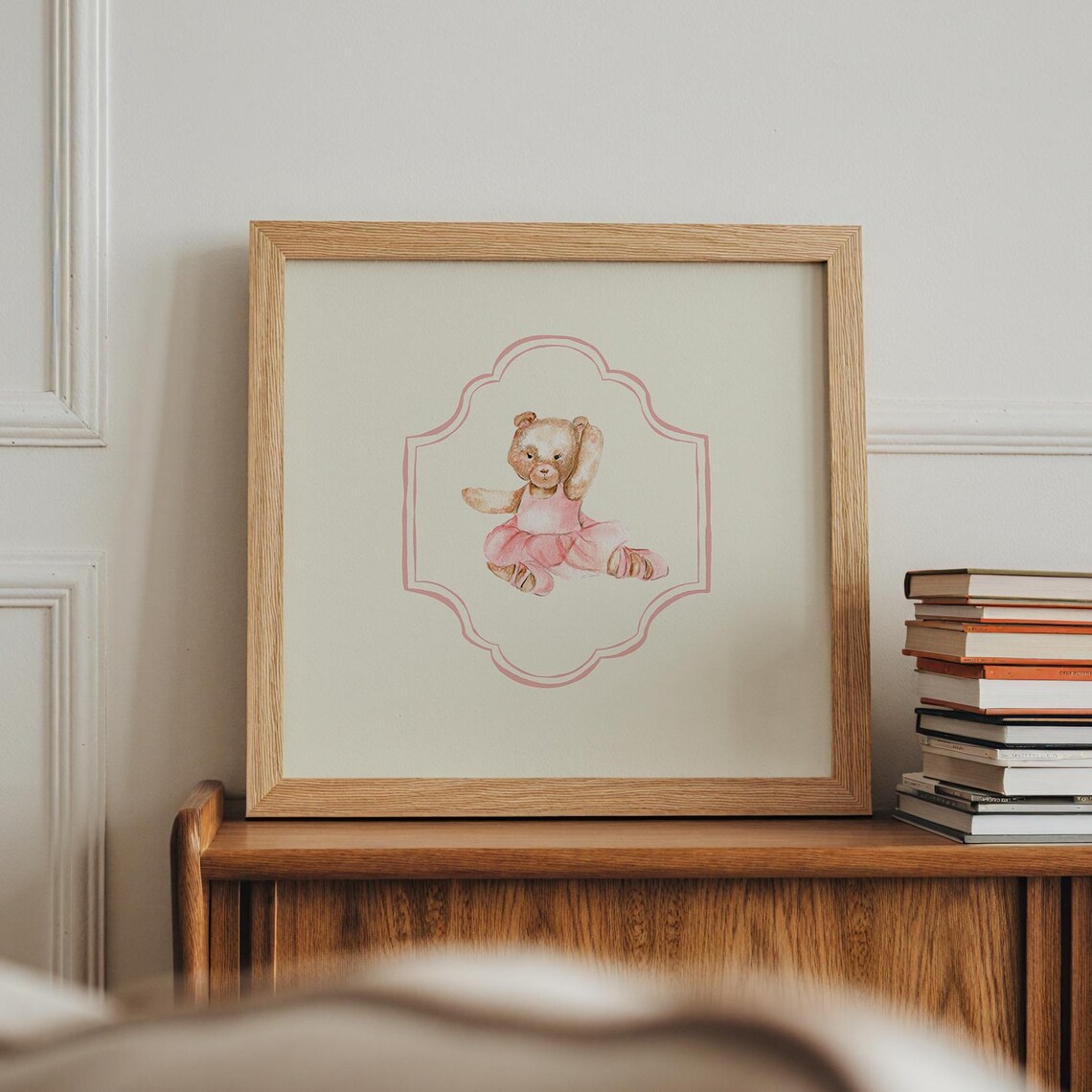 Ballet Teddy Bear Pink Border Square Watercolor Nursery Ballerina Art Print - Image 4