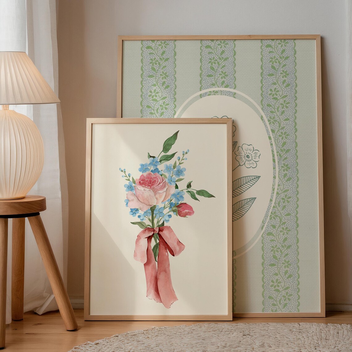 Watercolor Rose Bouquet Pink Bow Blue Wildflowers Romantic Wall Art - Image 3