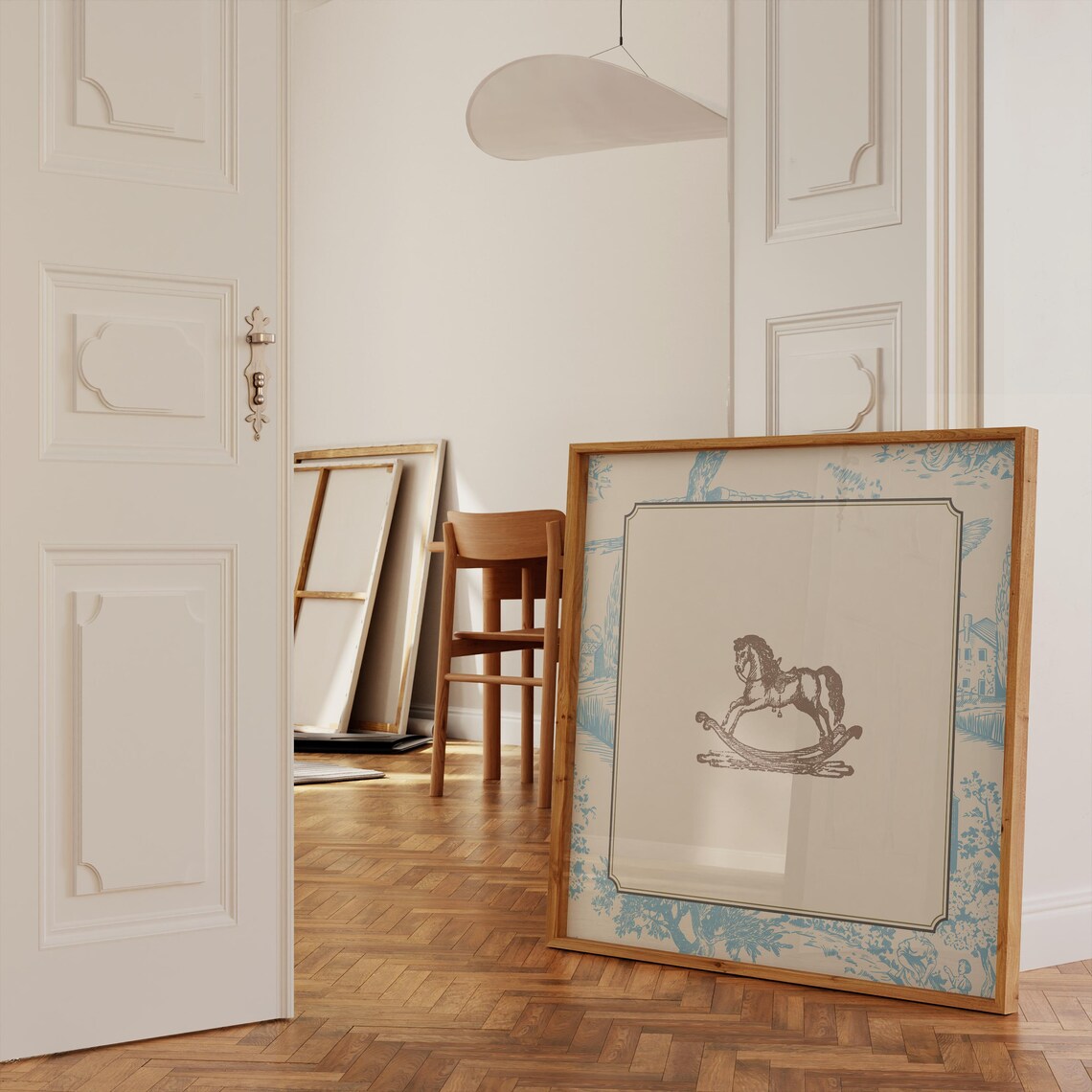 Vintage Blue Toile Rocking Horse Art Print - Image 5