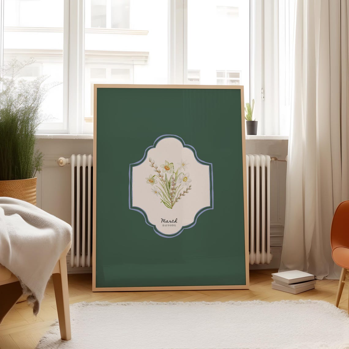 March Daffodil Birth Flower Bouquet Deep Green Botanical Wall Art - Image 4