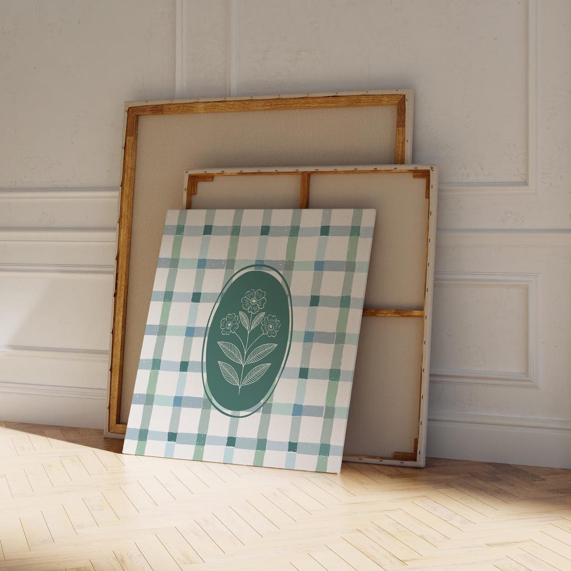 Blue Green Check Plaid Teal Medallion White Floral Square Wall Art - Image 4