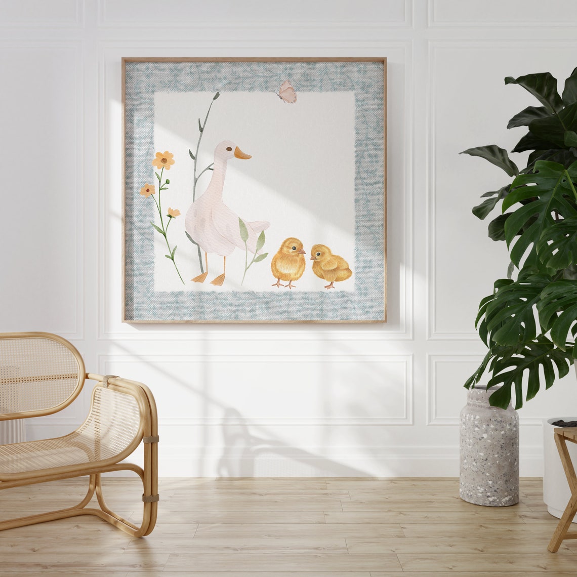 White Mother Duck With Yellow Chicks Watercolor Nursery Poster - Image 3