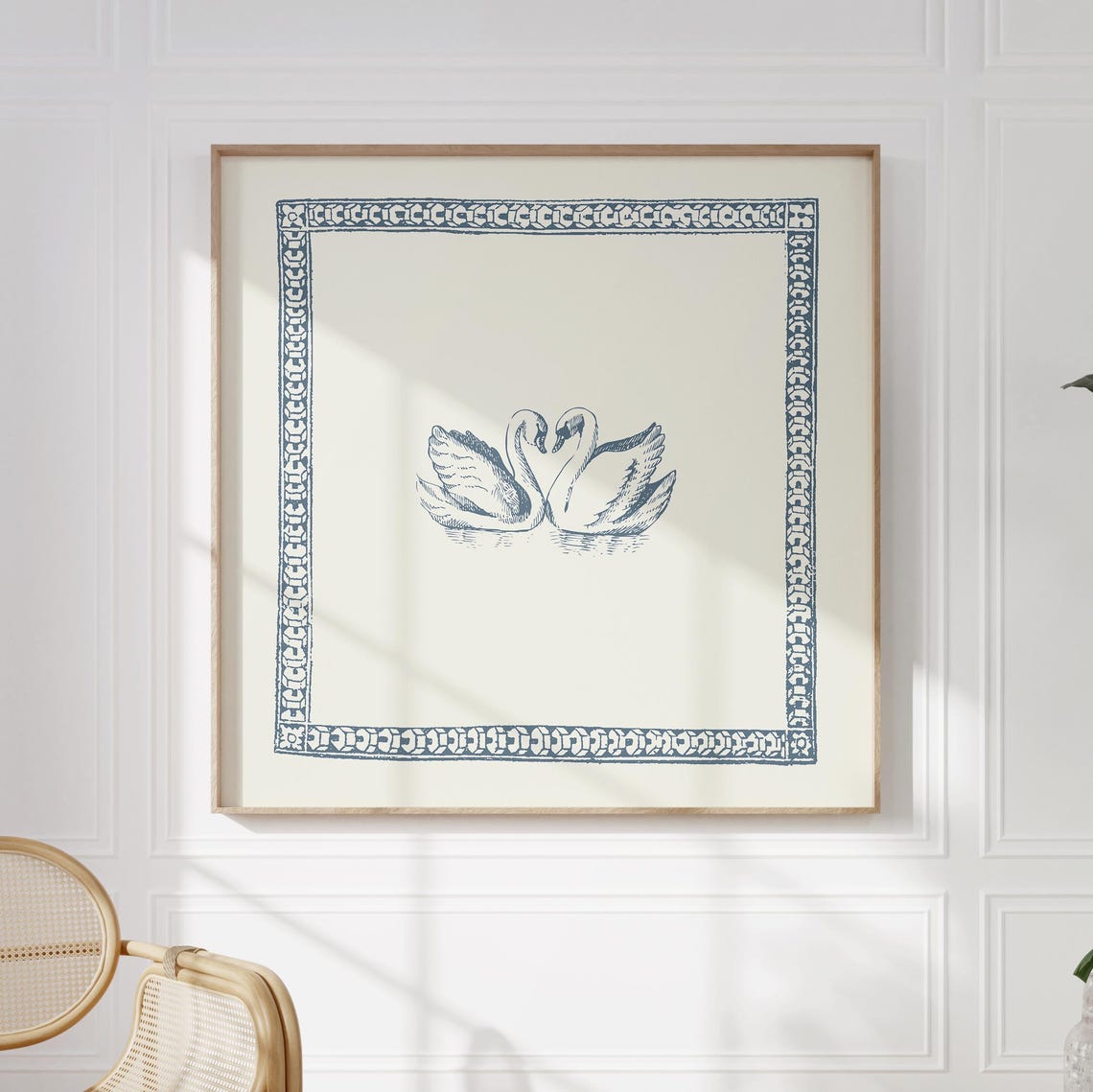 Cream Vintage Swans Engraving Poster Navy Border Coastal Decor - Image 5