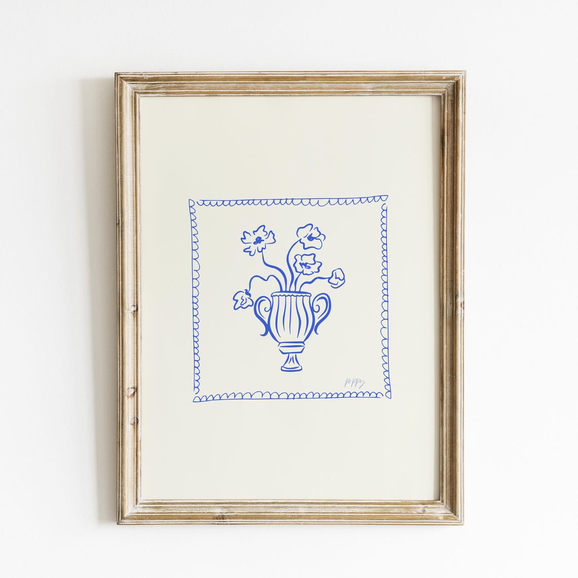 Cobalt Blue Floral Urn Scalloped Border Line Art Cream Wall Poster - Image 4