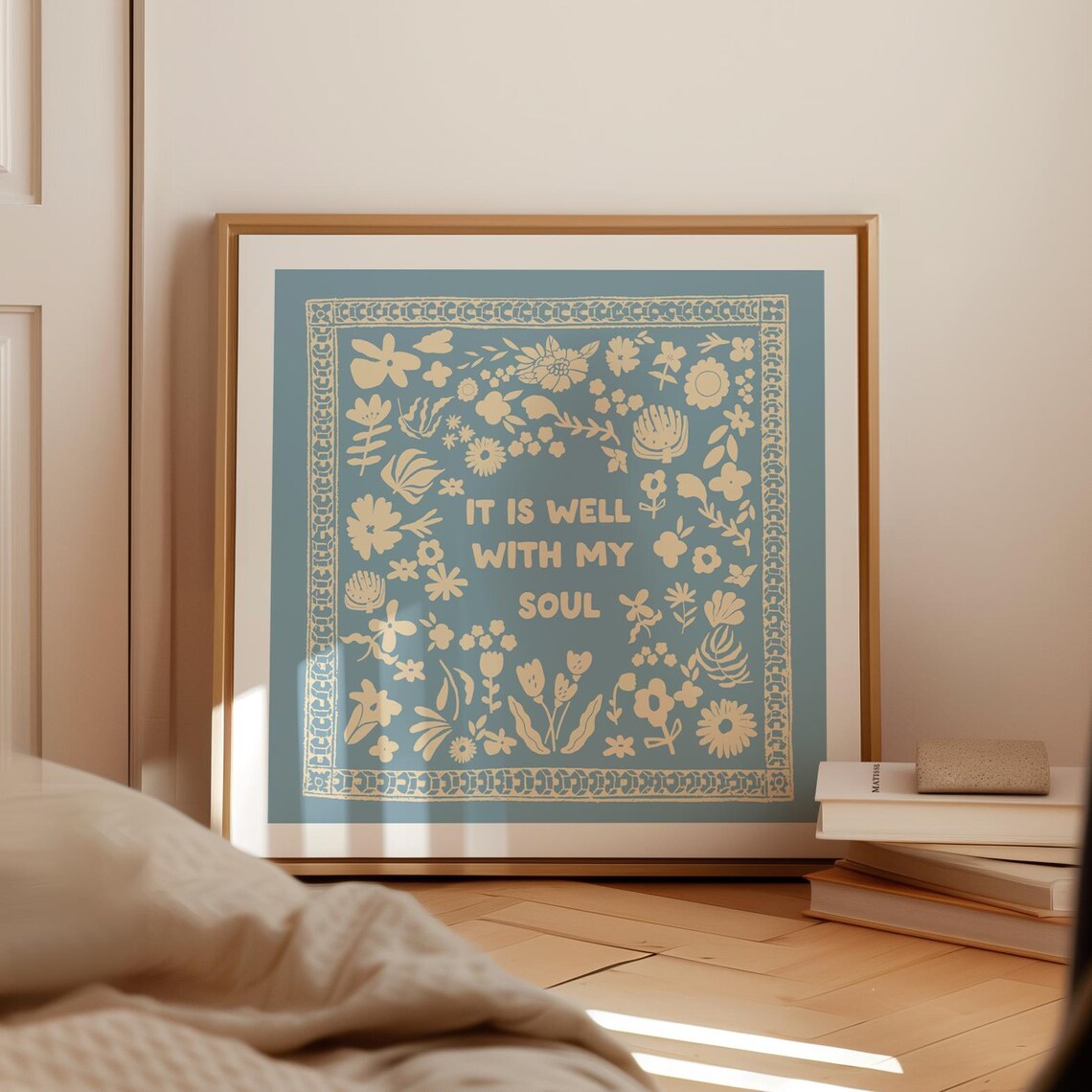 It Is Well With My Soul Dusty Blue Floral Bandana Hymn Quote Poster - Image 2