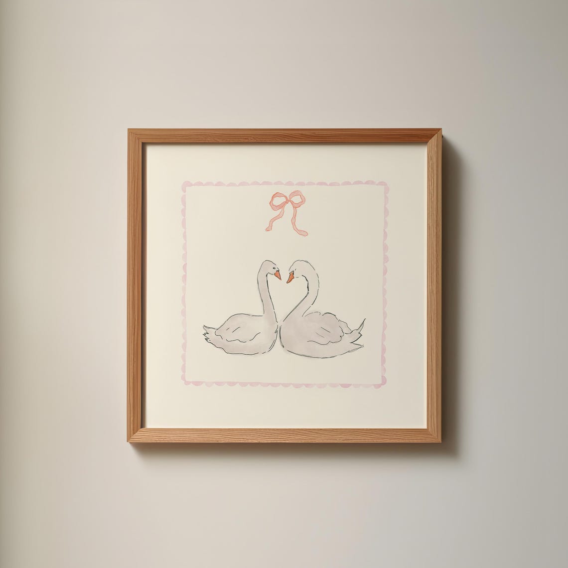 White Swan Pair Pink Bow Scalloped Border Romantic Watercolor Poster - Image 4