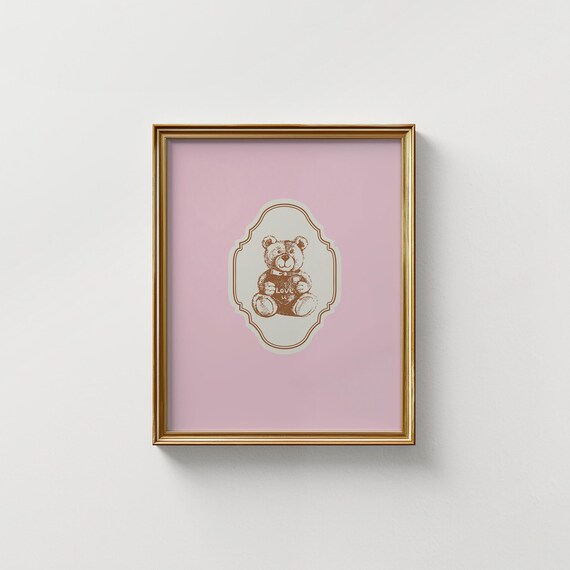 Vintage Love U Teddy Bear Heart Pink Ornate Vertical Nursery Poster