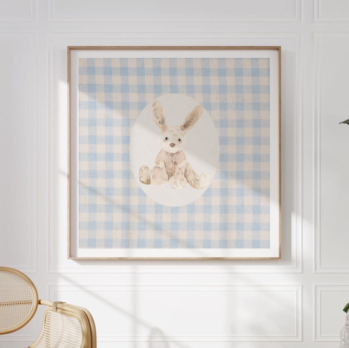 Vintage Gingham Stuffy Bunny Print Wall Art Kitchen Living Room Art Blue Thin Line Print Nursery Square Art - Image 2