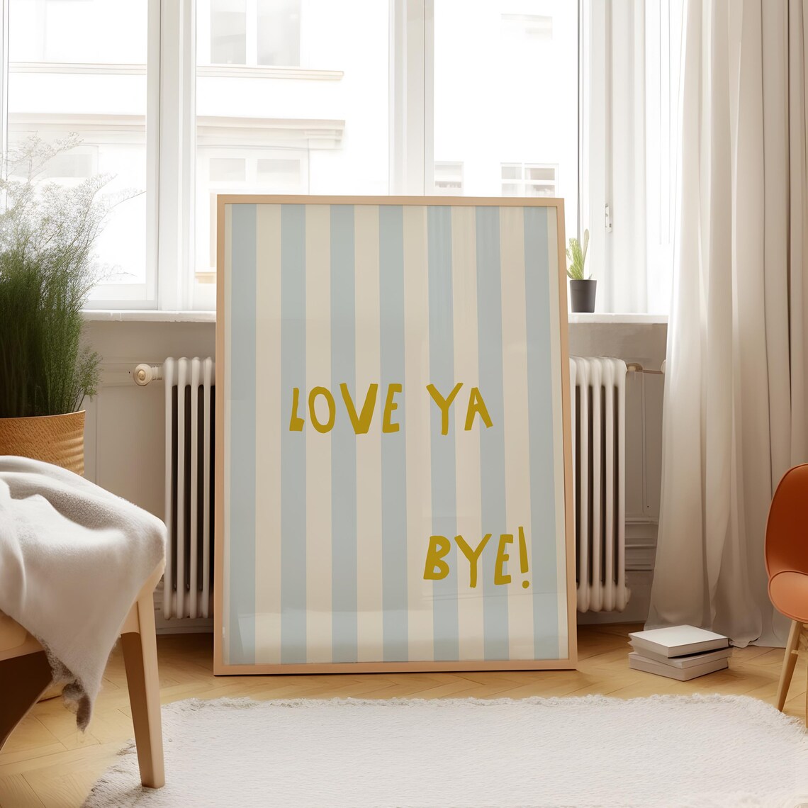 Love Ya Bye Mustard Quote Blue Striped Entryway Wall Art Poster