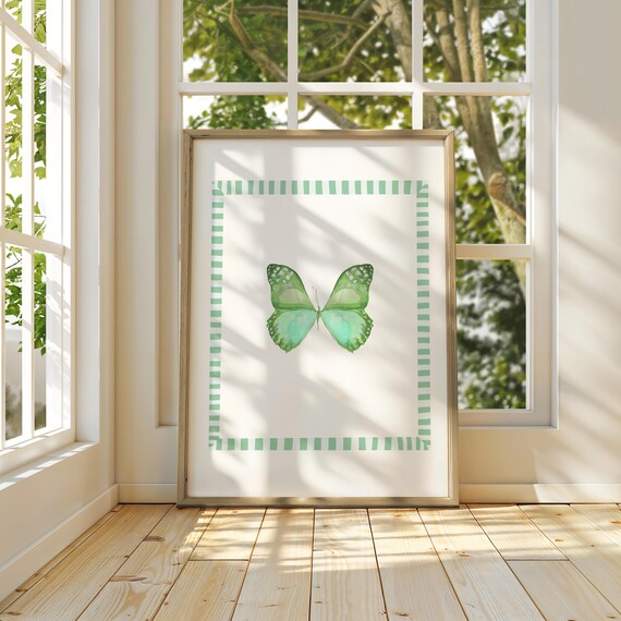 Green Butterfly Watercolor with Striped Border Nursery Print