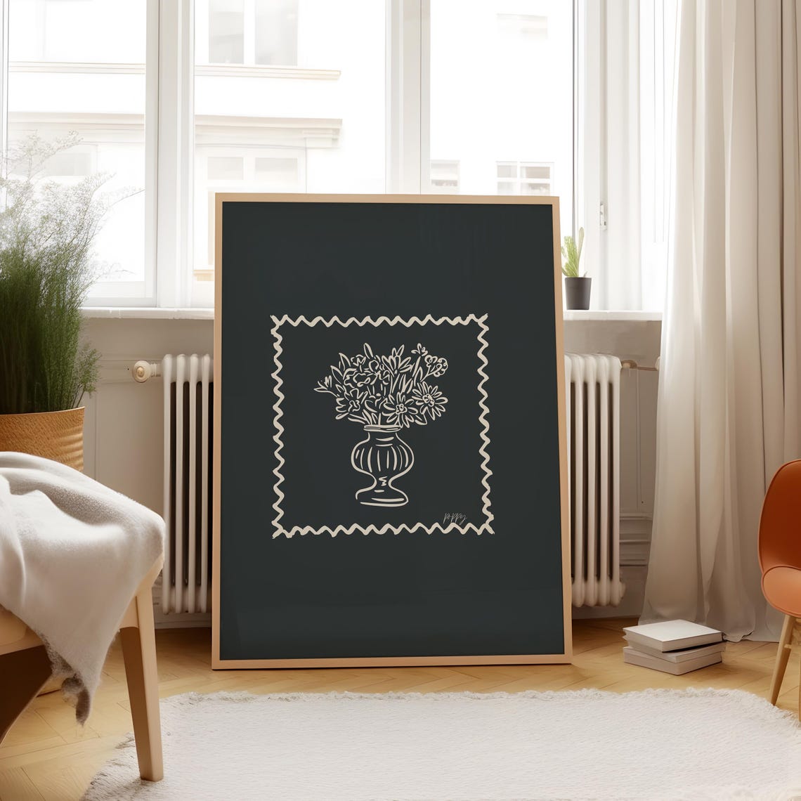 Cream Floral Urn Zigzag Border Charcoal Black Moody Botanical Poster - Image 5