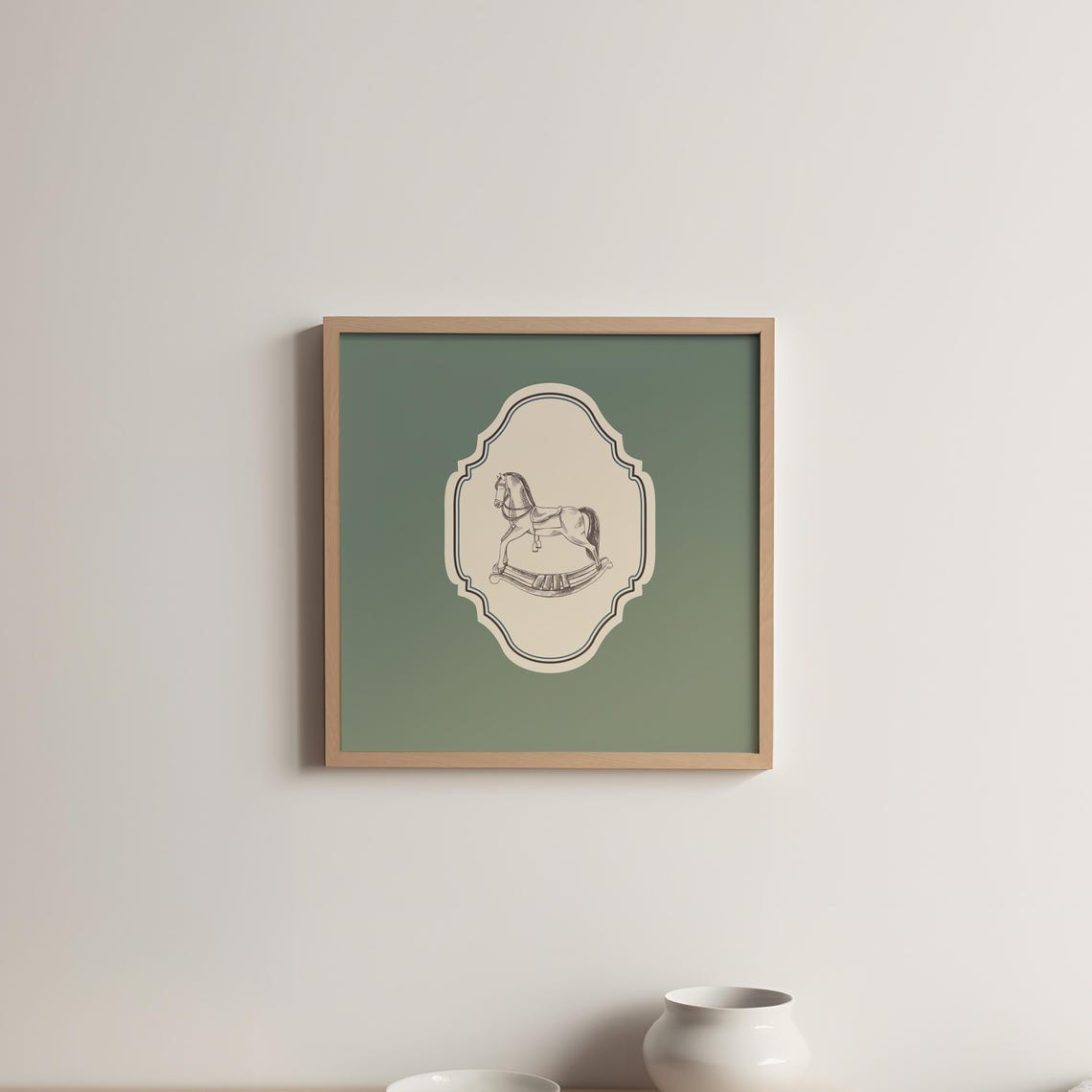 Vintage Rocking Horse Sage Green Ornate Square Nursery Poster - Image 5
